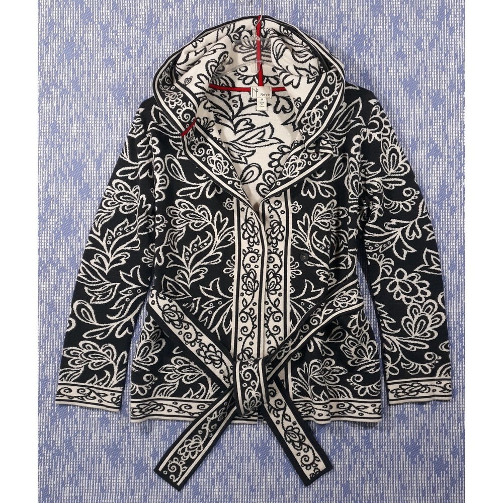 NEVE Hooded Wool Cardigan Sweater Womens Medium Gray Floral Artsy Tie Waist